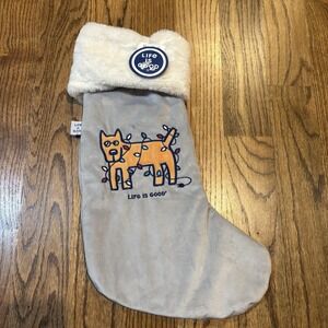 Life is Good Christmas Stocking Dog Wrapped‎ in Lights Gray Plush NWT